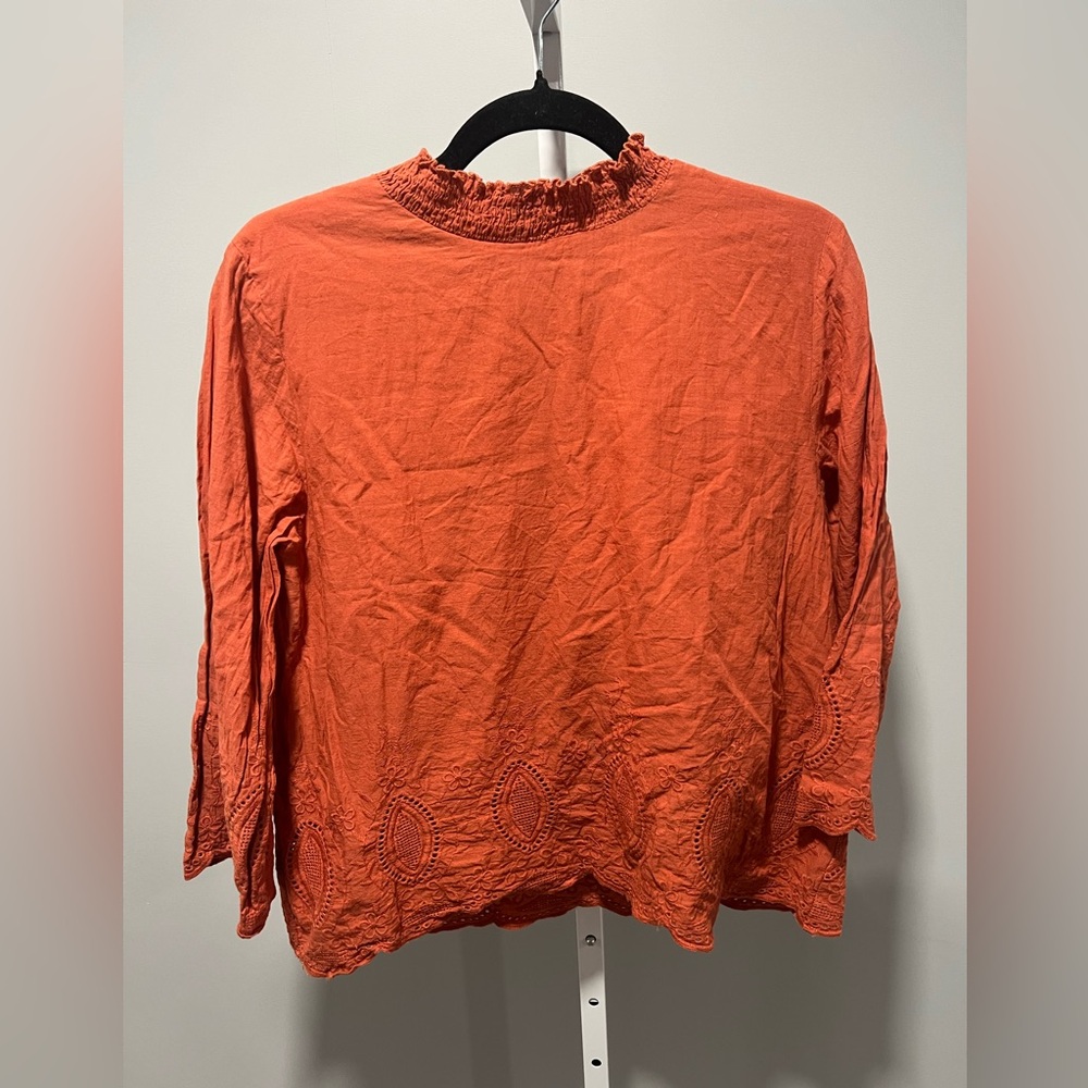 NWOT Roolee Orange Rust Cotton High Neckline Eyelet Long Sleeve Lined Blouse XL
